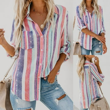 Idoravan Cardigans for Women Clearance Spring Women's Single Breasted Cardigan Color Striped Long Sleeve Shirt Tops