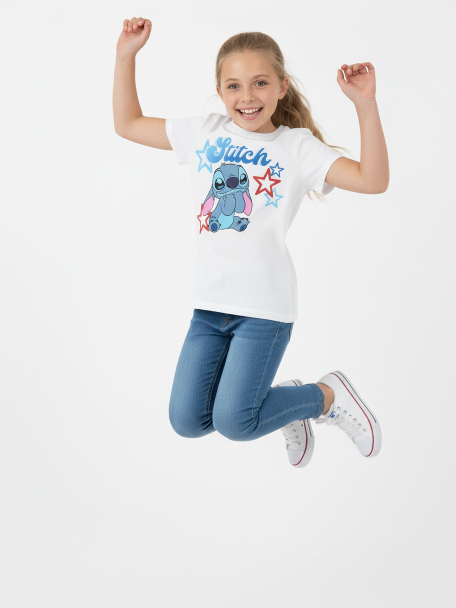 Lilo and Stitch Girls Happy Stitch Stars Graphic Tee with Short Sleeves, Sizes 4-16