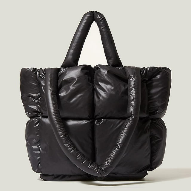 Bolsa de tela acolchada, Bolsos de mano de diseño elegantes y de lujo con relleno de algodón para mujer, bolso de hombro acolchado suave para el invierno. NEGRO