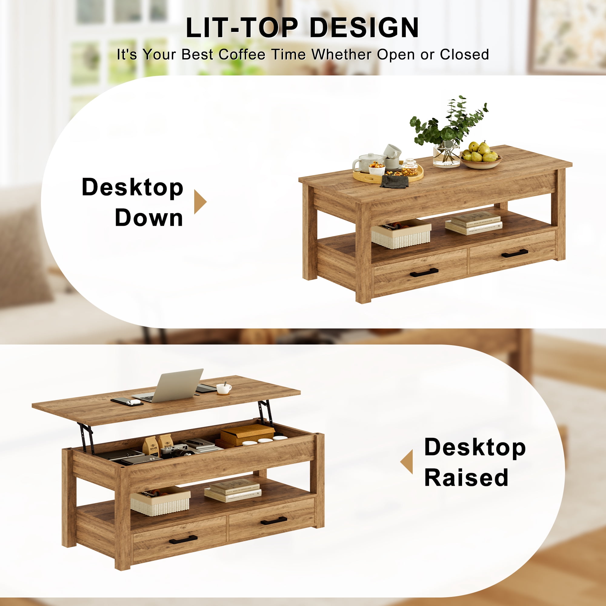 GUNAITO Lift Top Coffee Table with 2 drawers, Light Brown Wooden Convertible Coffee Table with Storage for Living Room, center Table, 42"