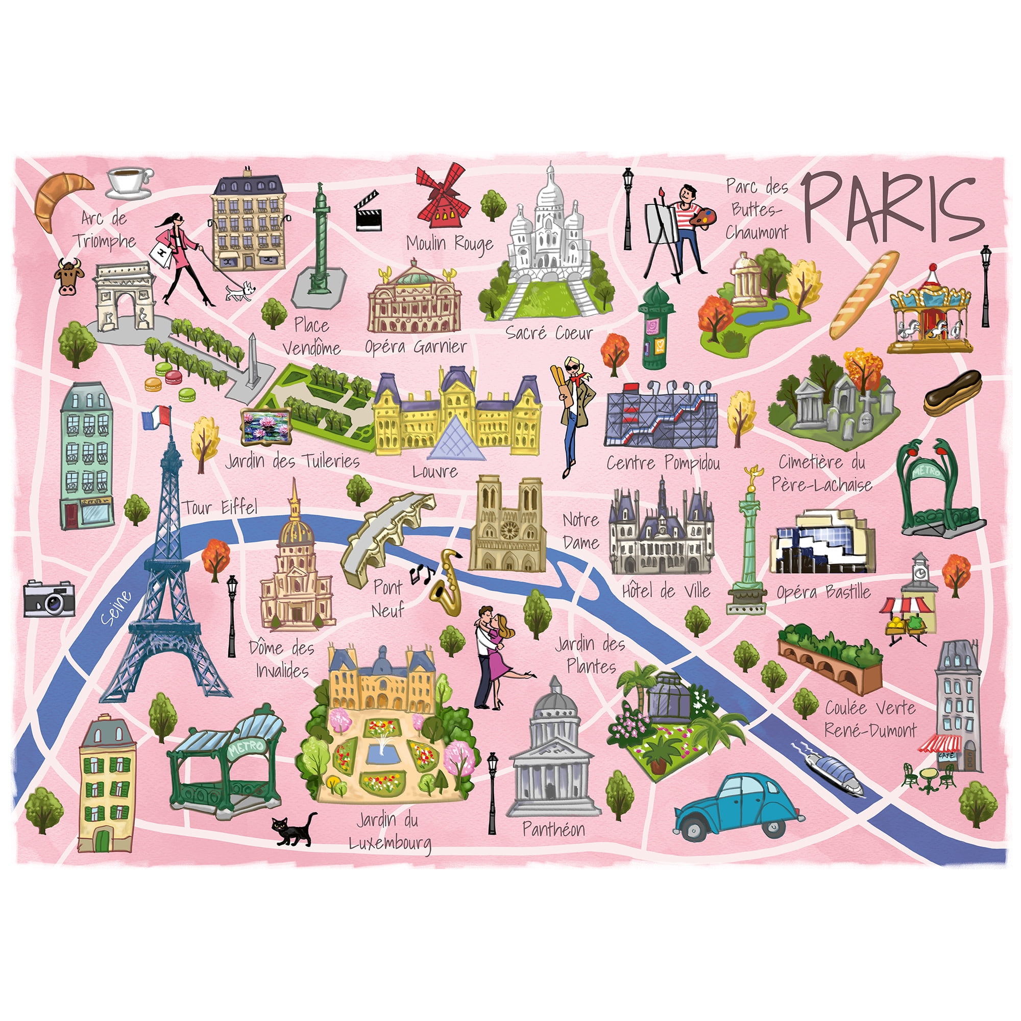 TEAMPUZZLE: Paris - 1,000pc Puzzle, 2 Jigsaw Sections, Illustrated City Destinations Map, 27 x 19", Includes Code Extras, Family & Friends 12+