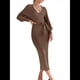 thumbnail image 2 of Vestido Ajustado de Punto para Mujer, Elegante, Retro, con Mangas Acampanadas, Cuello en V, Color Liso, para Vacaciones. Café Marrón L, 2 of 9