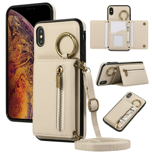 Wallet Function Case for iPhone XR with Shoulder Strap & Card Slot Holder & Ring Buckle & Magnetic Clasp, Premium PU Leather Flip Folio Zipper Purse Women Girls Phone Case, Beige