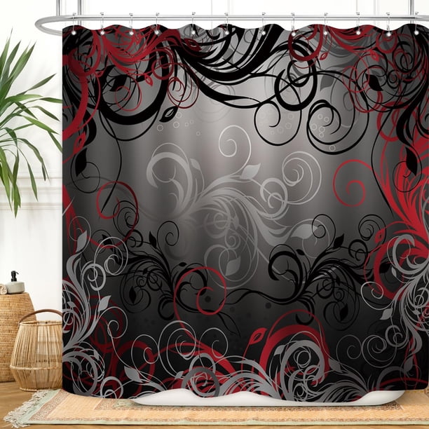 ZXMBF Cortina de ducha roja y negra, bosque mágico místico, inspiración moderna, remolinos florales, hojas, cortina de baño, tela impermeable, decoración de baño, 72 x 72 pulgadas, ganchos de plástico