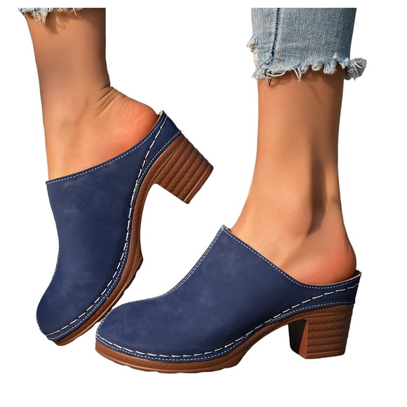 Pandaie Womens Mules Pumps Closed Round Toe Heeled Slip on Clogs 1.77 Inch Ladies Dressy Summer Slides Sandals Casual Backless Loafers Shoes Blue Size 7