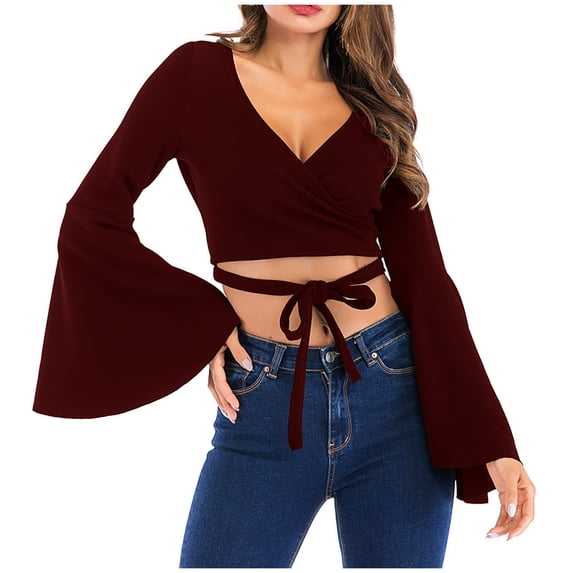 JGGSPWM Women Flare Bell Long Sleeve Tops Solid Shirts Crop Tunic Criss Cross Tshirts Vintage Y2K Fairy Pullover V Neck Blouse Wine M