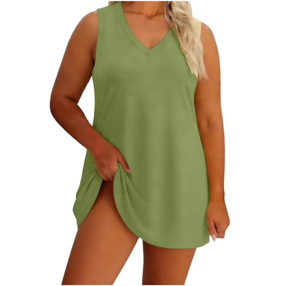 QUNYINEY Mini Sundresses for Women Casual Beach Sleeveless Green Cotton Plus Size Tank Dress Summer Loose Fit V Neck Dresses