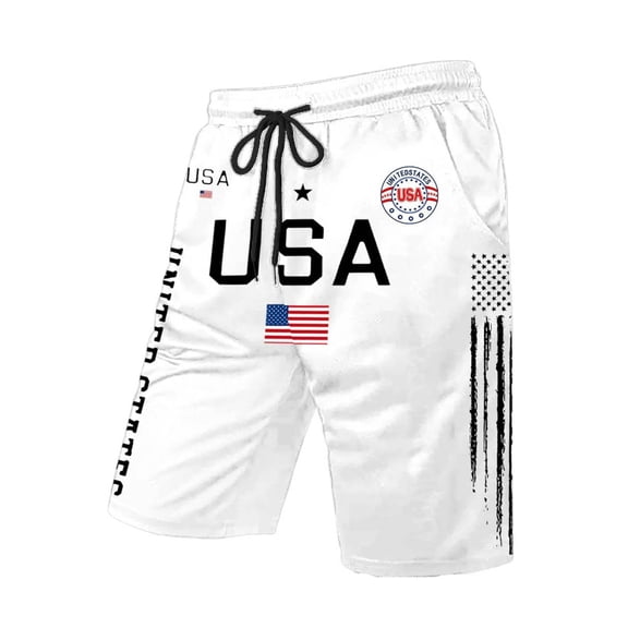IWRICH USA Shorts for Men Flag Printed Elastic Waist Pants Drawstring Casual Loose Fit Shorts with Pocket White XL