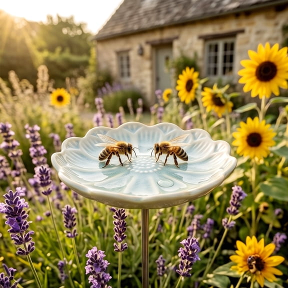 Glazed Ceramic Pollinator Waterer with Stake, Floral Insect Bird Feeder Bath, Sturdy Garden Yard Ornament for Hummingbirds Butterflies, Outdoor Patio Backyard Pollinator Station