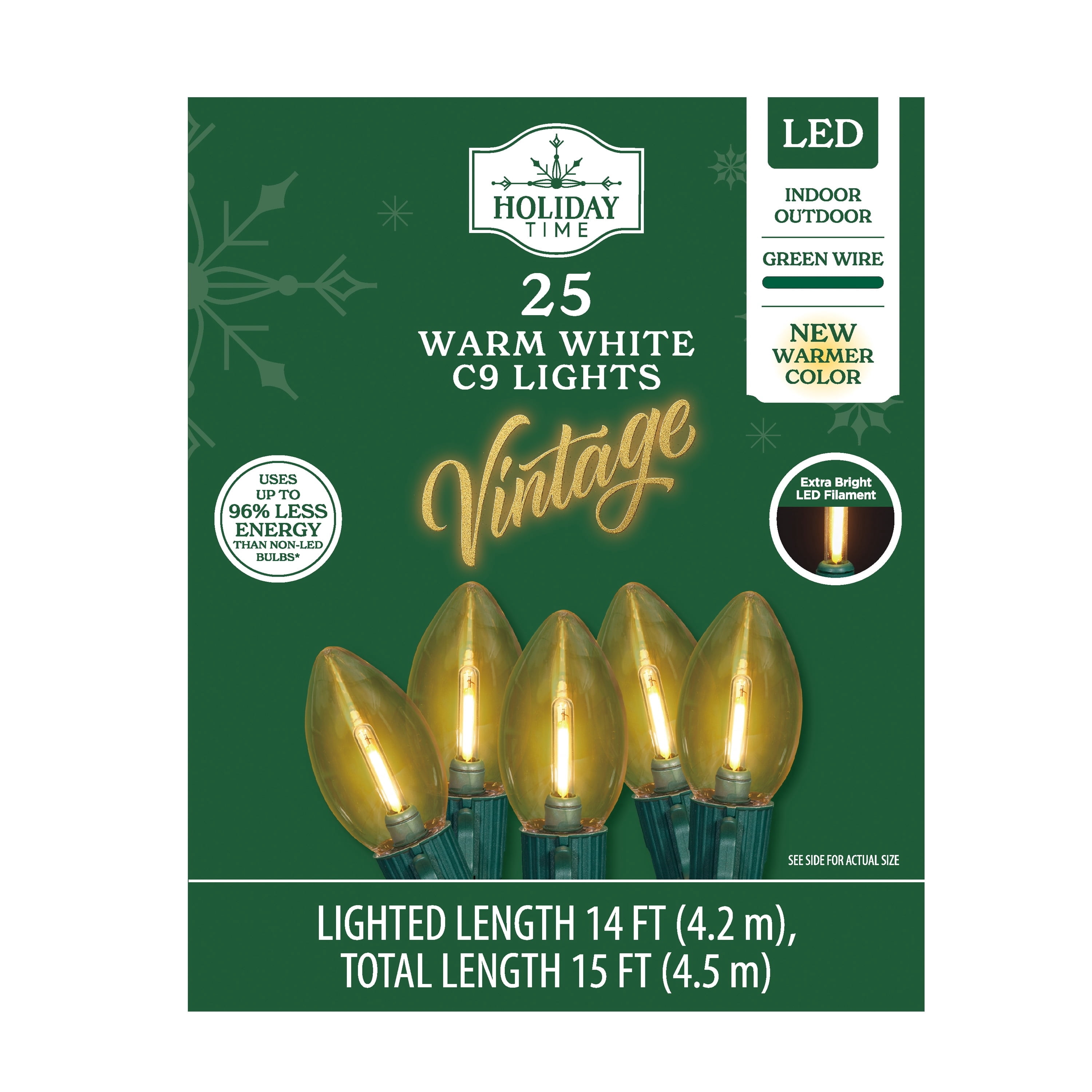 Indoor/Outdoor 25-Count LED Extra Bright Vintage-Style C9 Christmas String Lights, Warm White, Green Wire, 14', by Holiday Time