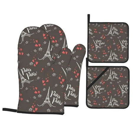 

Oven Mitts and Pot Holders 4 pcs Set Eiffel Towers heart Heat Resistant Pot Holders Oven Mitts for kitchen Non-Slip Hanging Loop Oven Glove Potholders for Baking Cooking