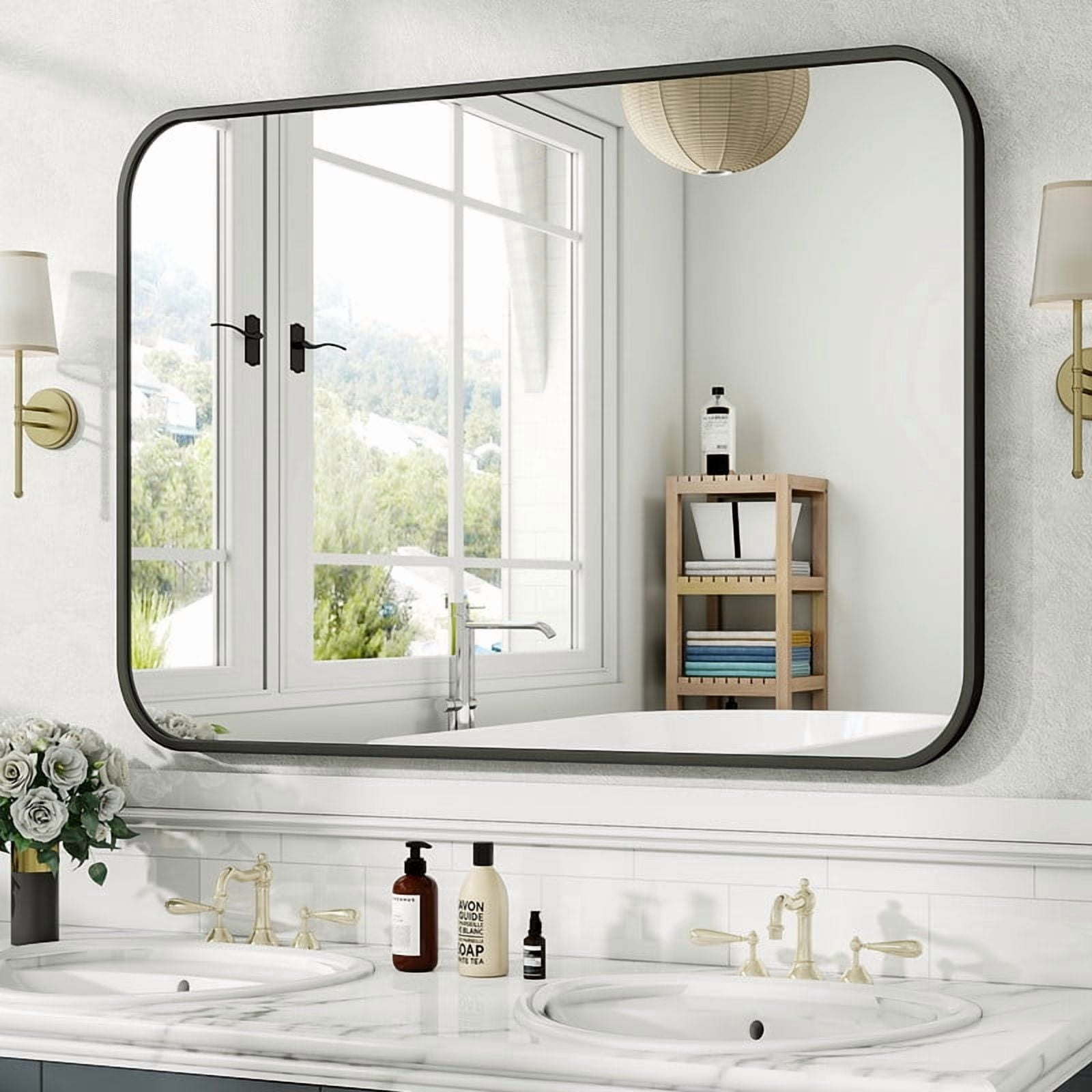 Easy4Home 40"x30" Rectangular Bathroom Mirror Hanging Rounded Corners Vanity Mirror Wall Mounted, Black