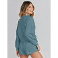 thumbnail image 2 of YOGAFOX Women's Fall Batwing Sleeve Top and Shorts 2 Piece Outfits Sweatsuit Blue S, 2 of 5