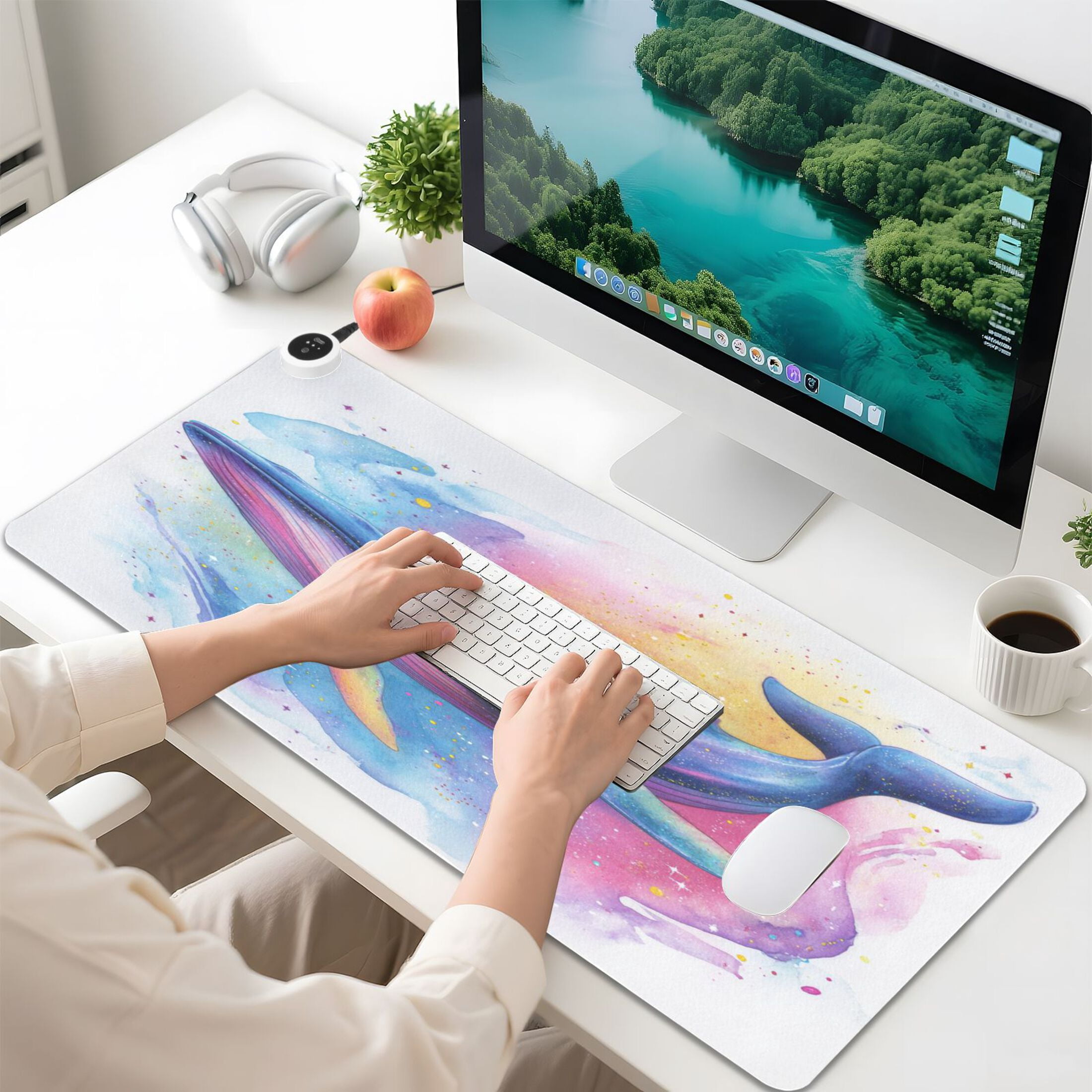 Large Heated Desk Mat Mouse Pad 31.5"x13"PU Leather Graphene Heating Desk Warmer with 3 Temperature Settings 110V US Plug Non-Slip Warm Pad for Home, Office, and Gaming Pastel Galaxy Whale Pattern