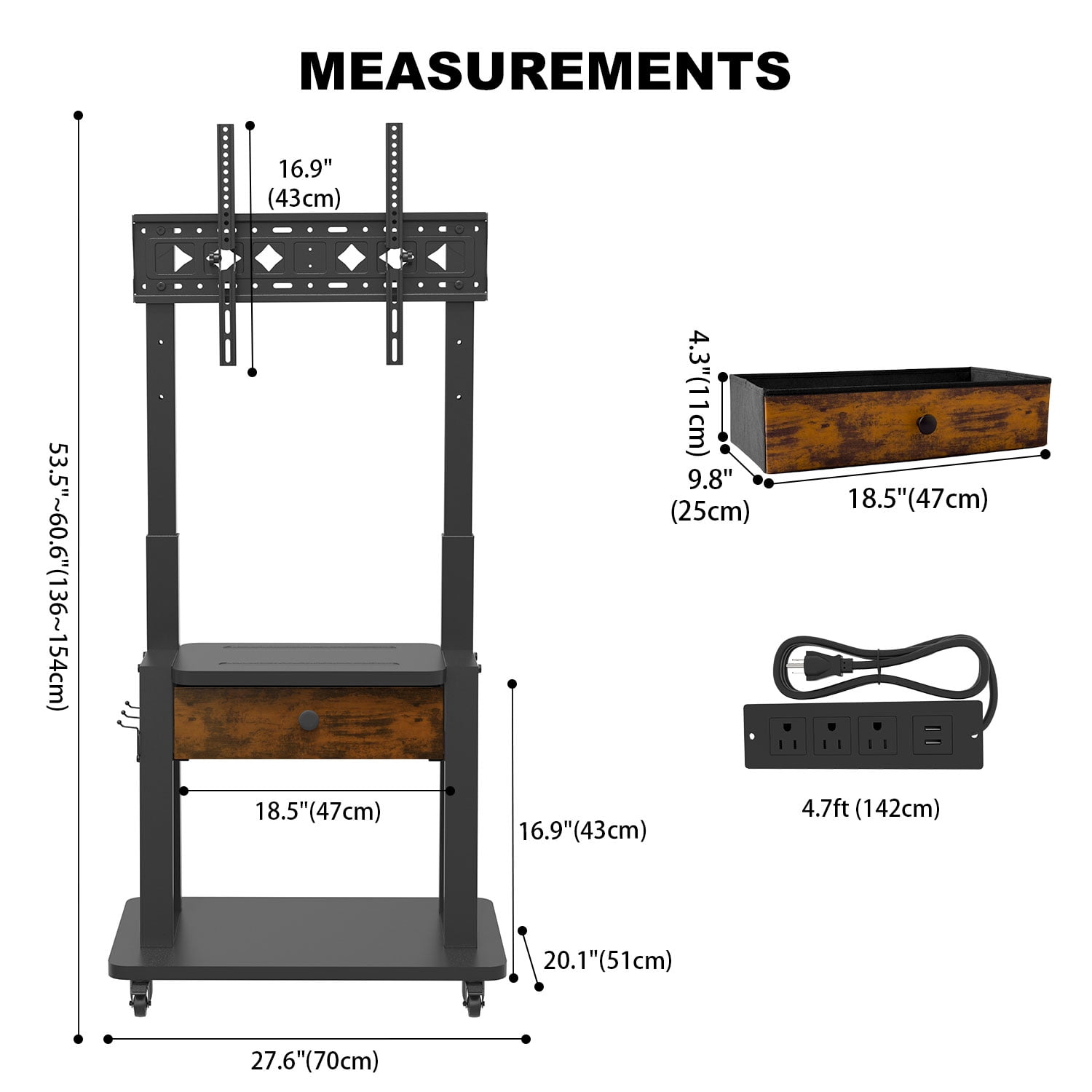 Hellsehen Rolling TV Stand with Fabric Drawers Power Outlet Adjustable Height for 32-75 inch Flat Screens Black Retro
