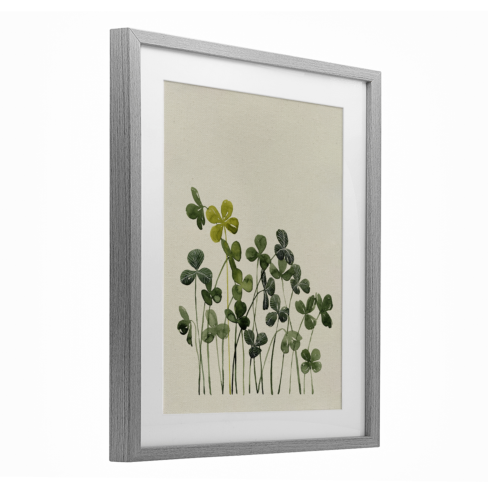 Hidden Gems Clovers Gray Framed Print Under Glass, design by Grace Popp