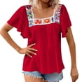 thumbnail image 4 of Uootdi Womens Tops Square Neck Vintage Embroidered Short Sleeve Shirts Flared Sleeve Relaxed Fit Trendy Casual Vacation Outfits Gift, 4 of 9