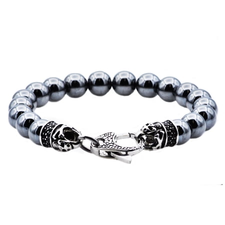 Genuine Hematite Stainless Steel Beaded Men's Bracelet, 8.75"