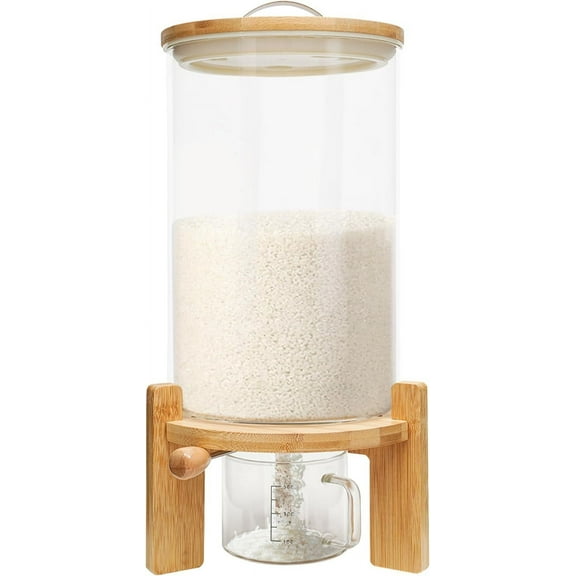 7.5L Glass Rice Dispenser Cereal Dry Food Dispenser Grain Storage Container Beans Storage Glass Tank with Valve Lid Measuring Cup Wooden Stand