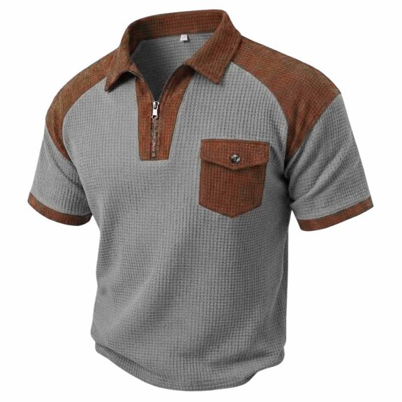 Ohufall Men's Tee Turndown Collar Zipper Pocket Color Block Tees Breathable Comfort Fashion Casual T Shirts