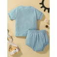 thumbnail image 3 of Seyurigaoka 2Pcs Toddler Baby Unisex Ribbed Suit, Solid Color Round Neck Short Sleeve Tops + Patchwork Bandage Shorts, 3 of 9