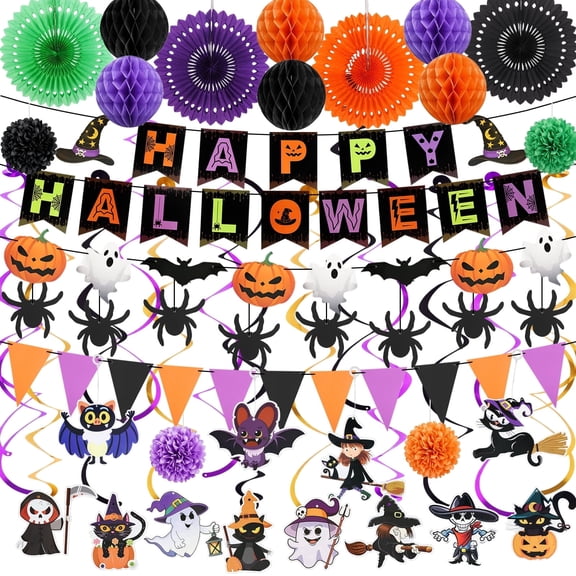 KORALAKIRI Halloween Party Decorations Happy Halloween Banner Honeycomb Balls Paper Fans Hanging Swirls Triangle Garland for Indoor Home Office Class School Party Supplies