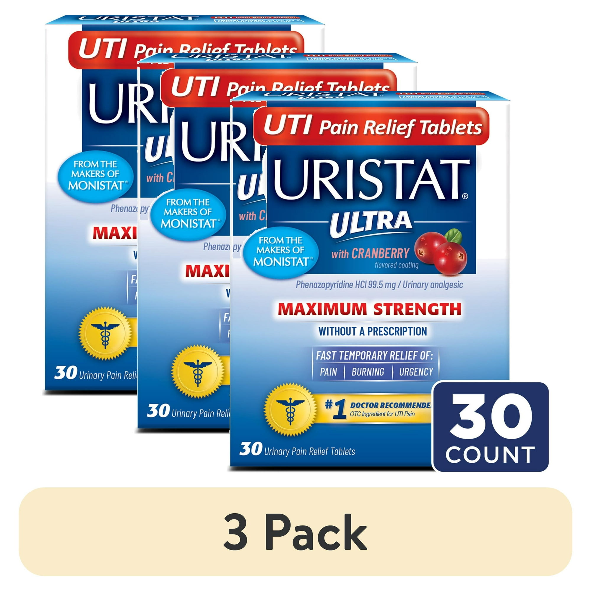 (3 pack) URISTAT Ultra UTI Pain Relief, Cranberry Flavored UTI Treatment Tablets, 30 Ct