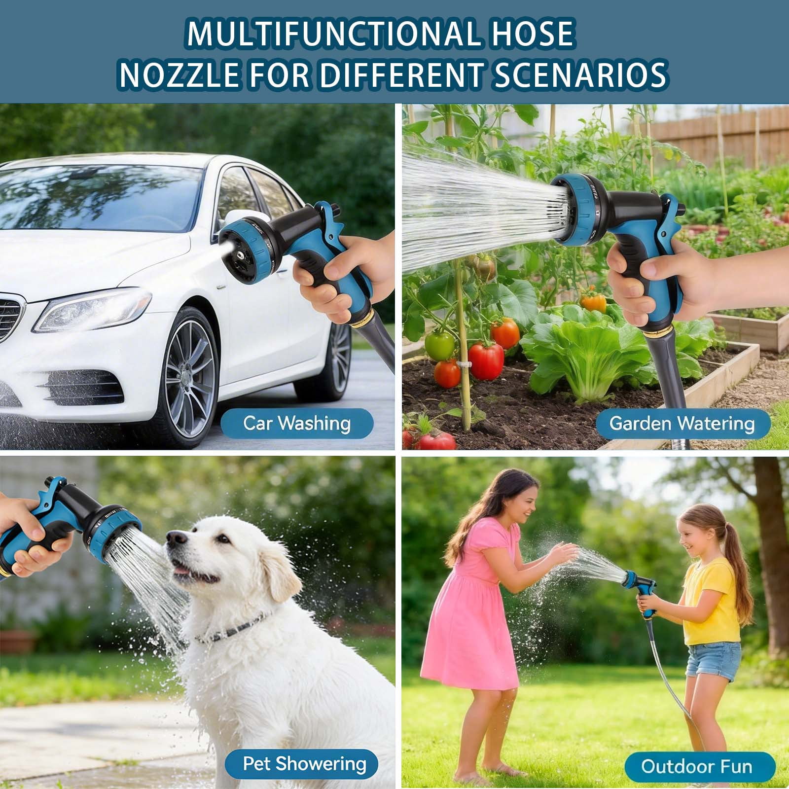 50Ft Non-Expandable Garden Hose, Flexible Water Hose with 10-Pattern Spray Nozzle, Lightweight Hose Pipe, Kink-Free, Leak-Proof, 3/4" Solid Metal Fittings