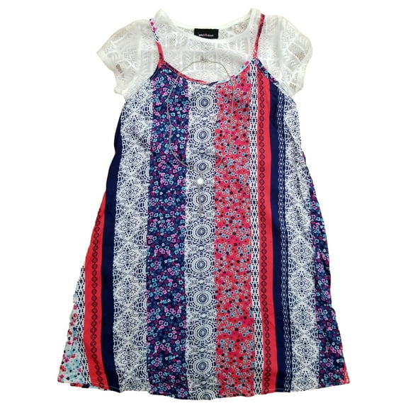 Girls Red Blue & White Top & Floral Dress w/ Matching Necklace Outfit 14