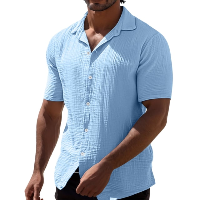 Camisas De Mezclilla Para Hombre Verano para hombre Verano Casual Solapa Color sólido Manga corta Botón Camisa de lino para hombre Ropa para hombre (Blue, M)