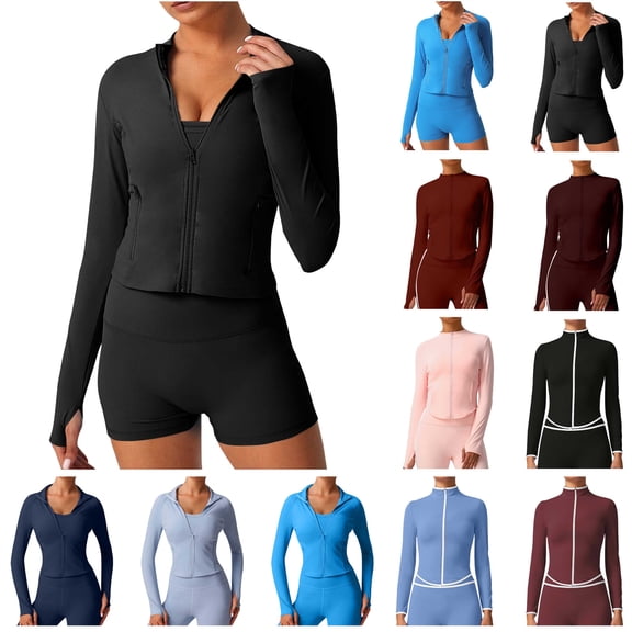 QATAINLAV Zip Up Workout Jacket for Women Quick Dry Slim Fit Long Sleeve Cropped Athletic Gym Tops with Thumb Holes, Blue, S