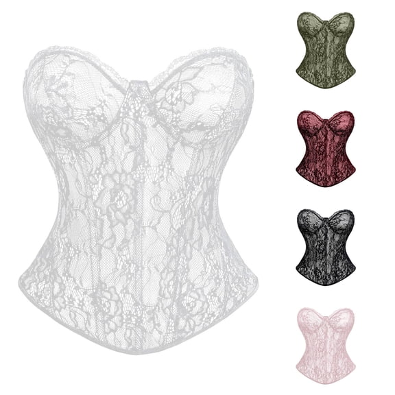 Krdevn Women's Strapless Floral Lace Corset, Boned Sweetheart Bustier, Breathable Waist Cincher Tummy Control Shapewear Top,White