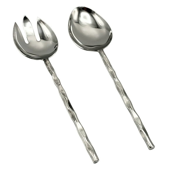 Elyon Diamond Reflective Silver Salad Serving Set Indian Artisan-Made Hostess Set Hand-Forged Stainless Steel 2 Pieces
