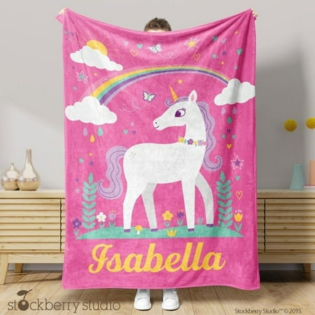 Unicorn Rainbow Name Blanket Personalized Gift Pink Girl Kids Bedding Baby Room Décor Toddler Velveteen Plush 60×80