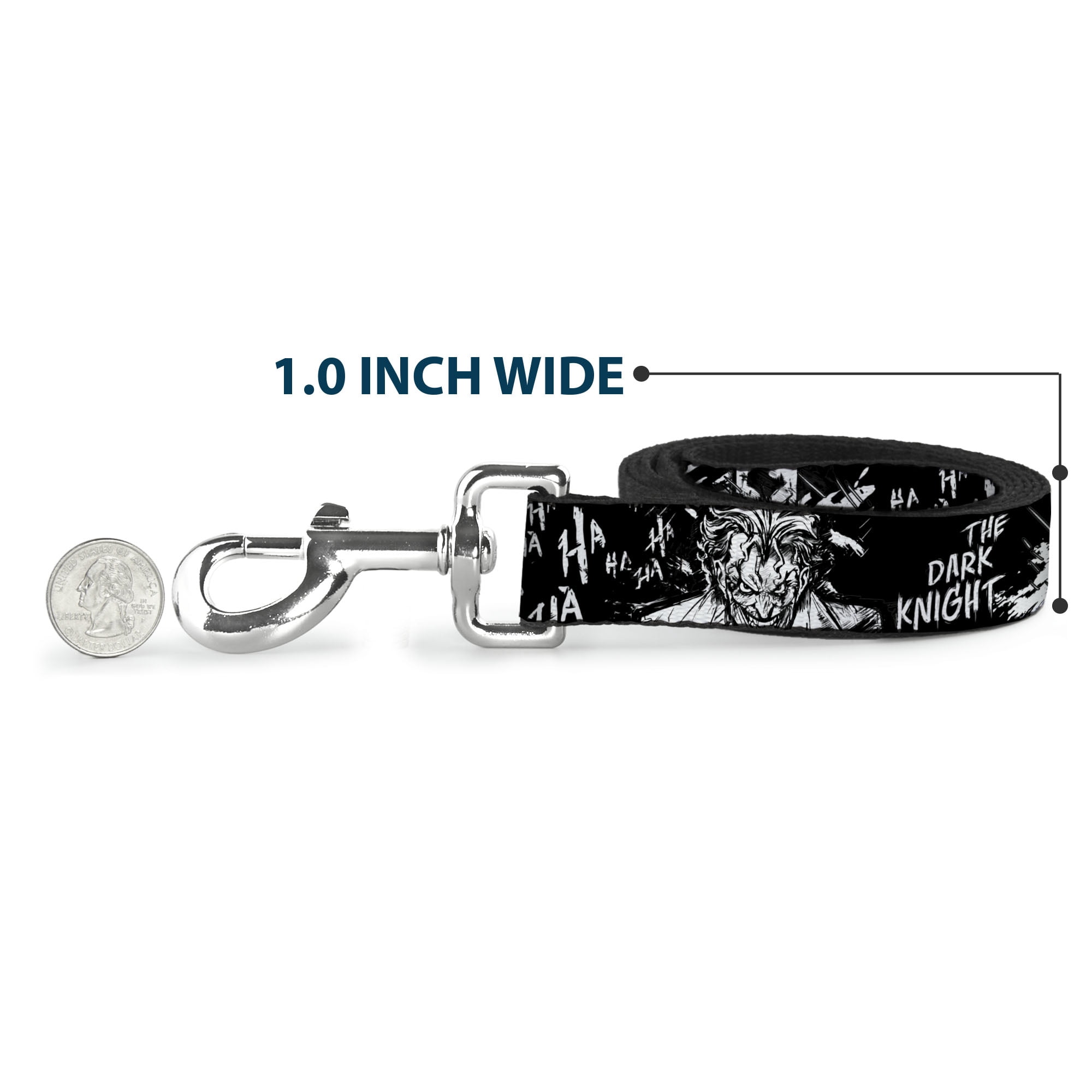 DC Comics Pet Leash, Dog Leash, Batman The Dark Knight and Joker Smiling Close Up Black, 6 Feet Long 1.0 Inch Wide