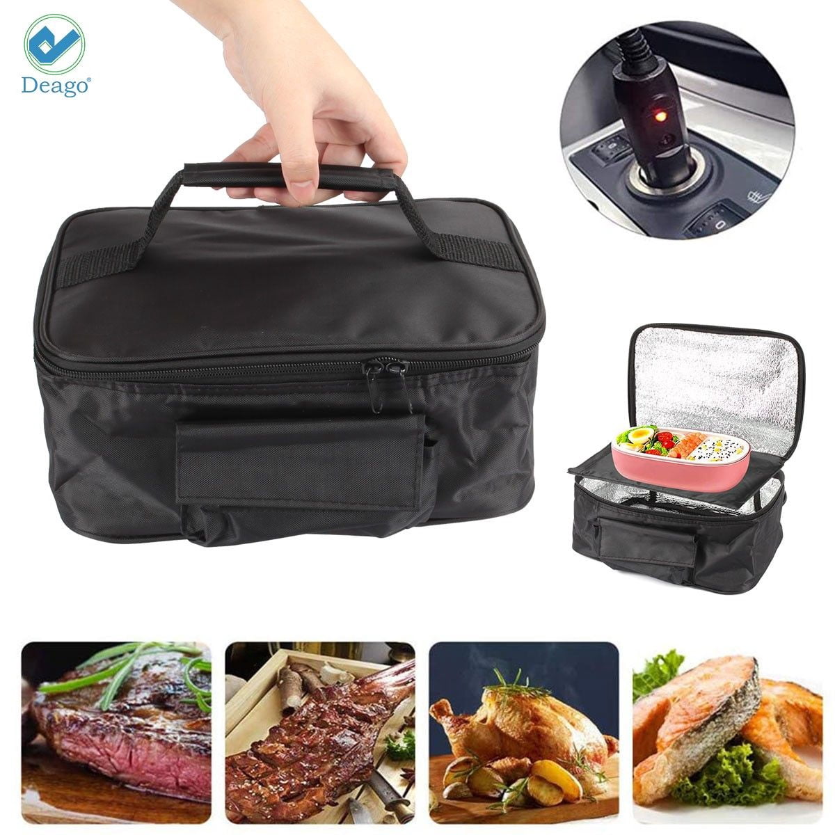 Deago 12V Portable Electric Food Warmer Heating Lunch Box Bag Mini Oven Container for Car (Black)