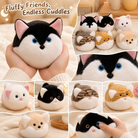 Kiddiway Round Plushies Stress Relief Squishy – Cute Dog & Cat Stuffed Animal for Kids and Pets, Soft Baby Toys, Great Cuddly Stuffed Animals for Daily Play and Relaxation,A