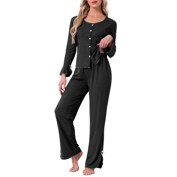 Womens Pajamas Long Sleeve Side Bow Button Down Ruffle Hem Top and Wide Leg Pant Sleepwear Set S Black