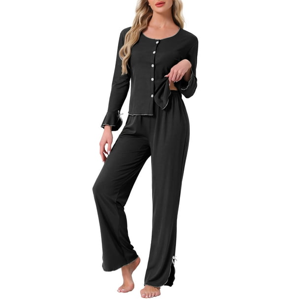 Conjunto de pijamas para mujer de manga larga con lazo lateral, botones en la parte delantera, dobladillo con volantes y pantalones de pierna ancha en negro
