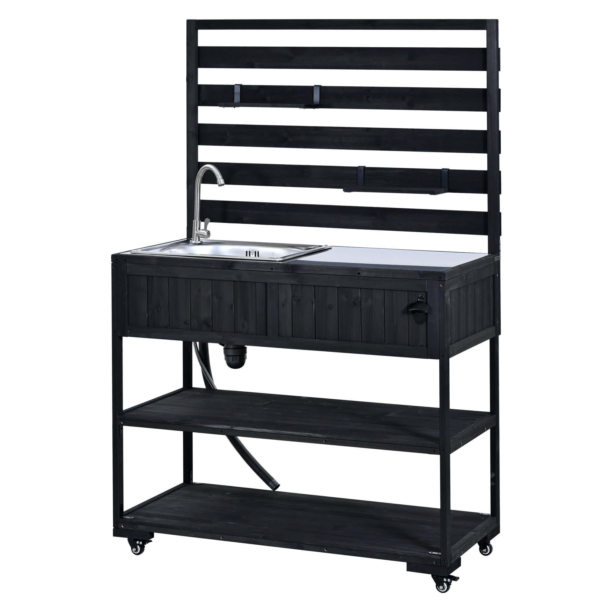 Mintazer Outdoor 41.7" Rolling Kitchen Island with Sink & Faucet, Garden Potting Bench with Stainless Table Top & 2 Movable Shelves and Bottle Opener, Black