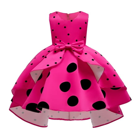 

nsendm First Birthday Dress Girl Girls Party Pageant Dot Child Sleeveless Princess Gown Sleeveless Dress for Girls Hot Pink 4-5 Years