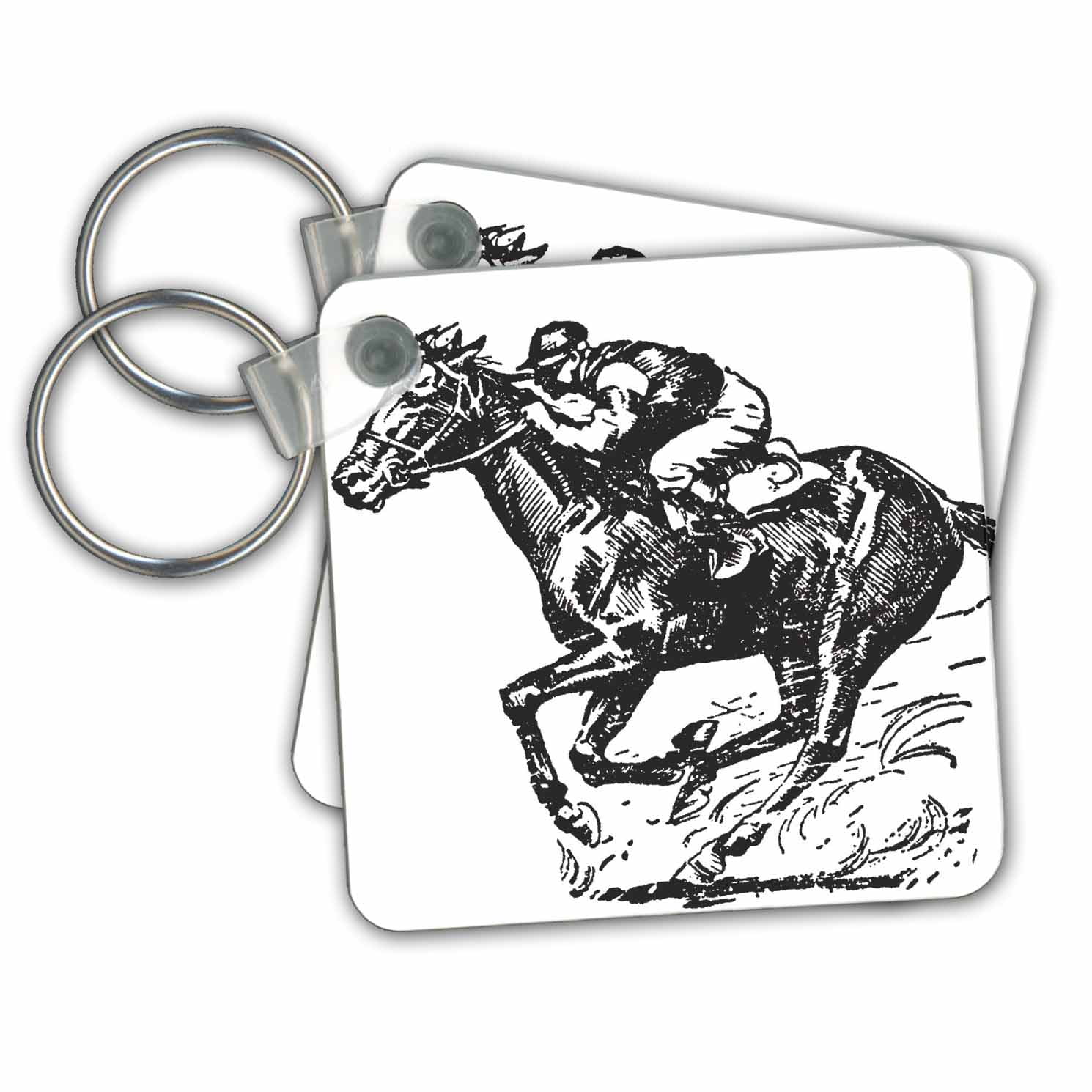 3dRose Jocky and Horse Racing Key Chains, 2.25 by 2.25inch, set of 2