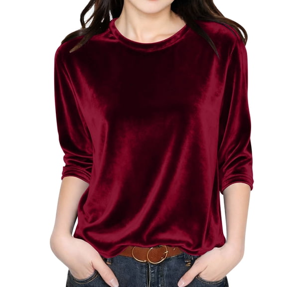 BLVB Little Girls Fall Clothes Velvet Blouses 3/4 Sleeve Shirt Casual Solid Color Crewneck Tunic Tops(Wine,13-14 Years)
