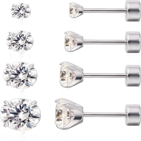 DESIGNICE Limerencia Titanium Jewelry Flat Back Cartilage Earrings, Flat Back Earrings for Women, Hypoallergenic Cubic Zirconia Studs, Pack of 4 Pairs, 3-6Mm for Women and Men