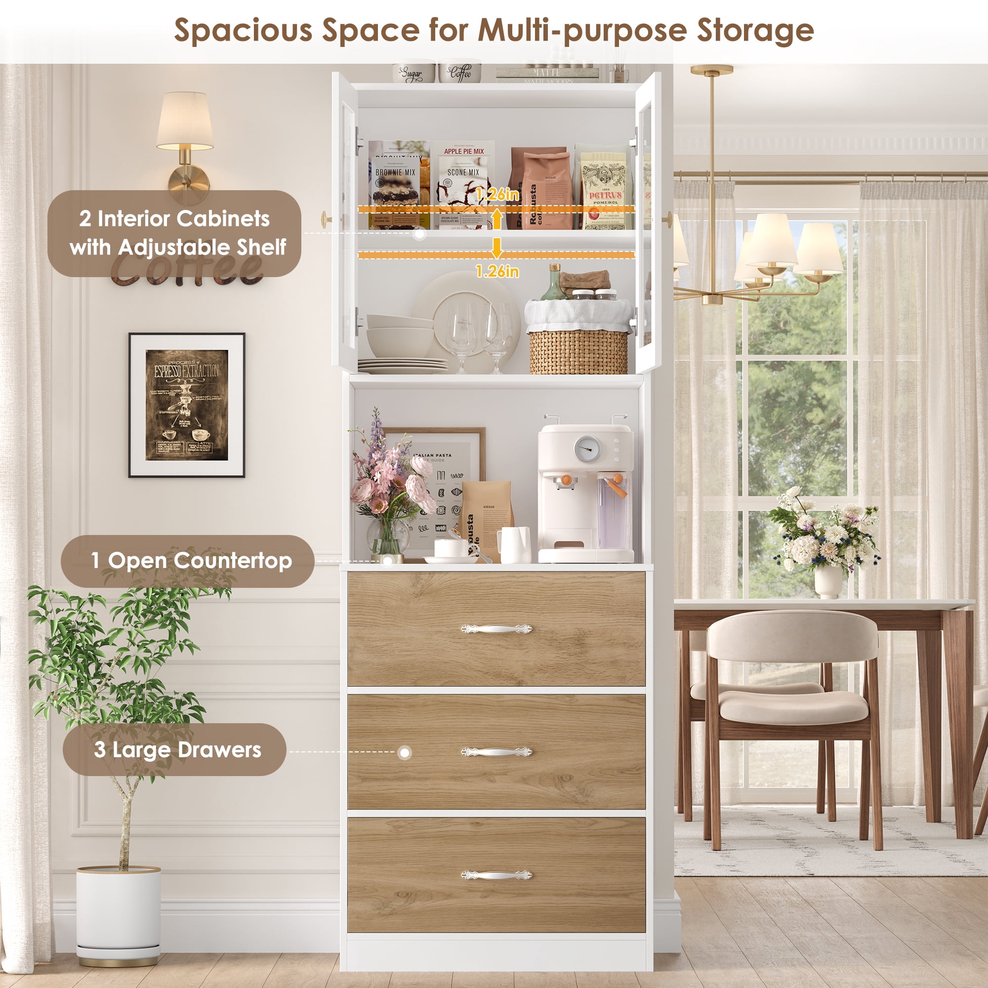 Homfa 71" Tall Kitchen Pantry Cabinet, Freestanding Storage Cupboard with Glass Doors, 3 Drawers & Adjustable Shelves, Modern Coffee Bar Cabinet for Kitchen Dining Room Living Room White Khaki