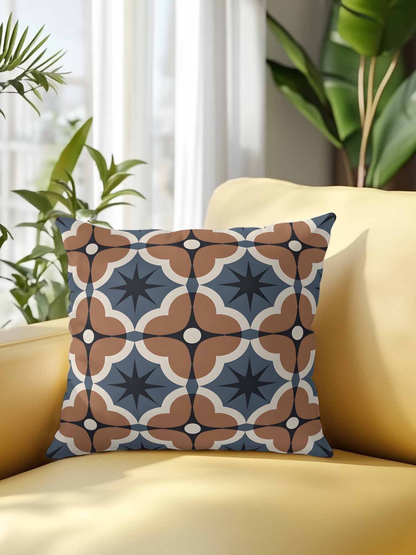 1 Pack Outdoor Pillows Waterproof, Blue Brown Flowers Indoor/Outdoor Throw Pillows with Inserts, Farmhouse Boho Geometric Floral Decorative Pillow for Patio Furniture Chairs Couch