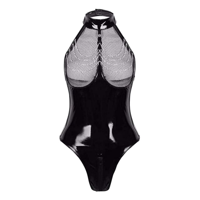 Catsuit Wetlook Halter club nocturno Sunnimix Body de malla negra para mujer