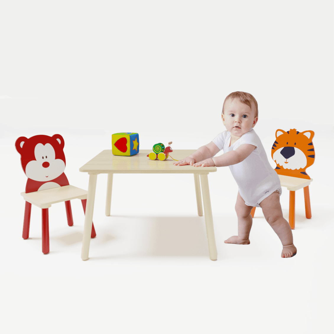 Kids Table and Chair Set, 3 Pieces Toddler Play Table and Chairs Set, Wood Table with 2 Cartoon Animals Chairs for Playroom Kindergarten (Bear and Tiger)