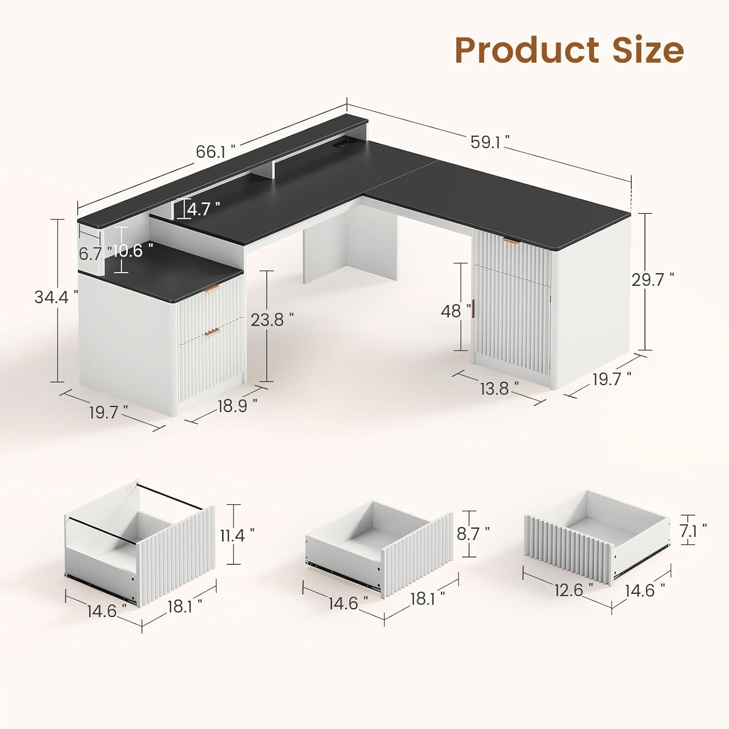 66" Fluted Home Office Desk with Storage, L Shaped Desk with Power Outlets & Monitor Stand, Wood Computer Desk with Drawers & Cabinet, Corner Desk with LED Lights for Bedroom, White