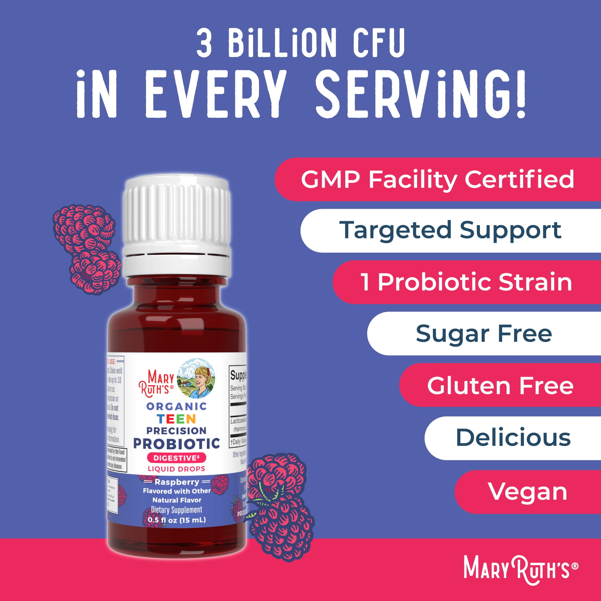 MaryRuth's Precision Probiotic Digestion Drops for Teens, Ages 14+, Raspberry, Organic, Vegan, Gluten-Free, Unisex, 0.5 fl oz